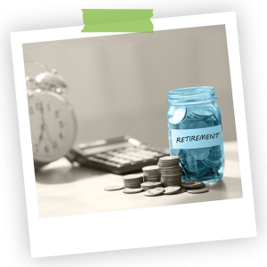 bright blue jar labeled retirement on a table with coins and a calcultor