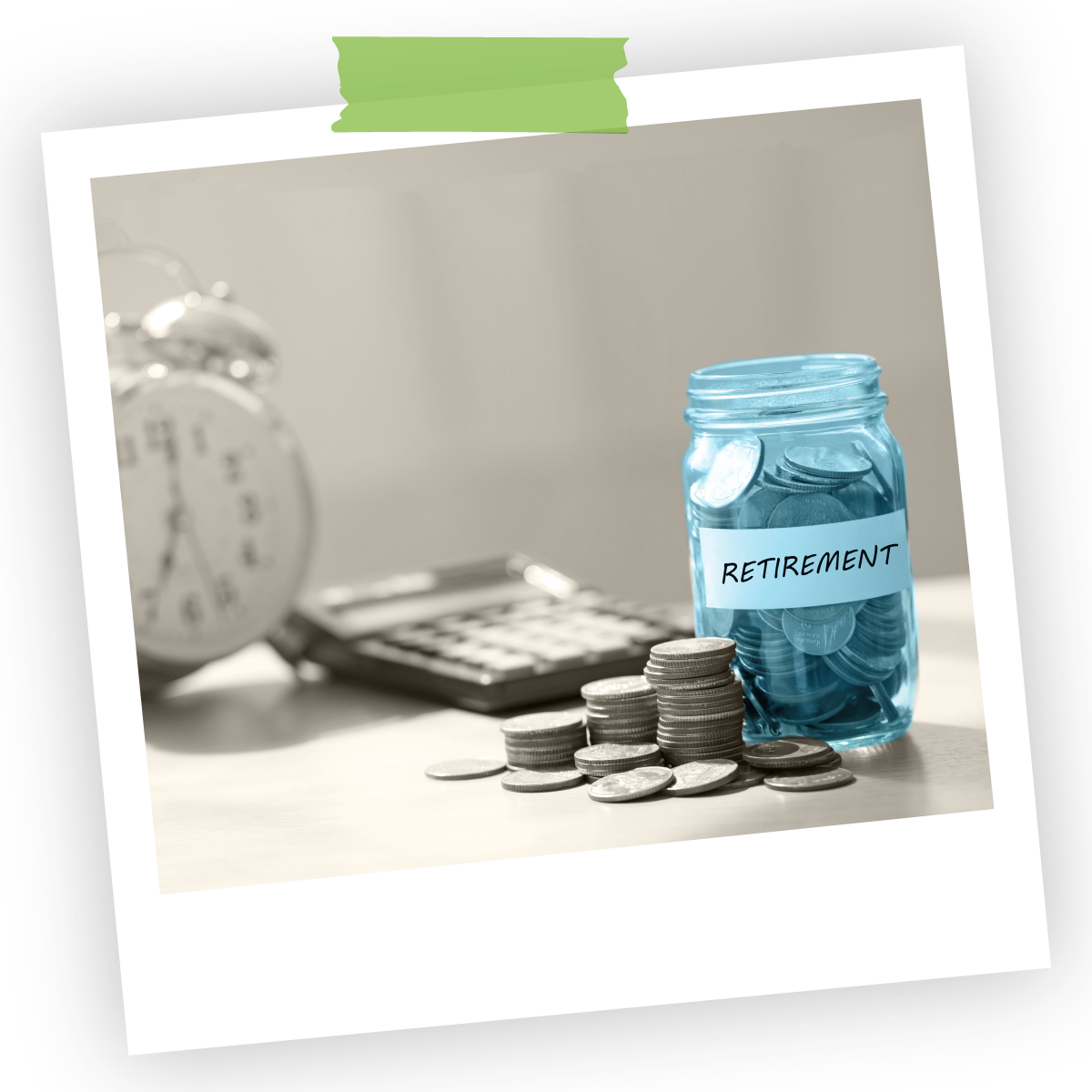 bright blue jar labeled retirement on a table with coins and a calcultor